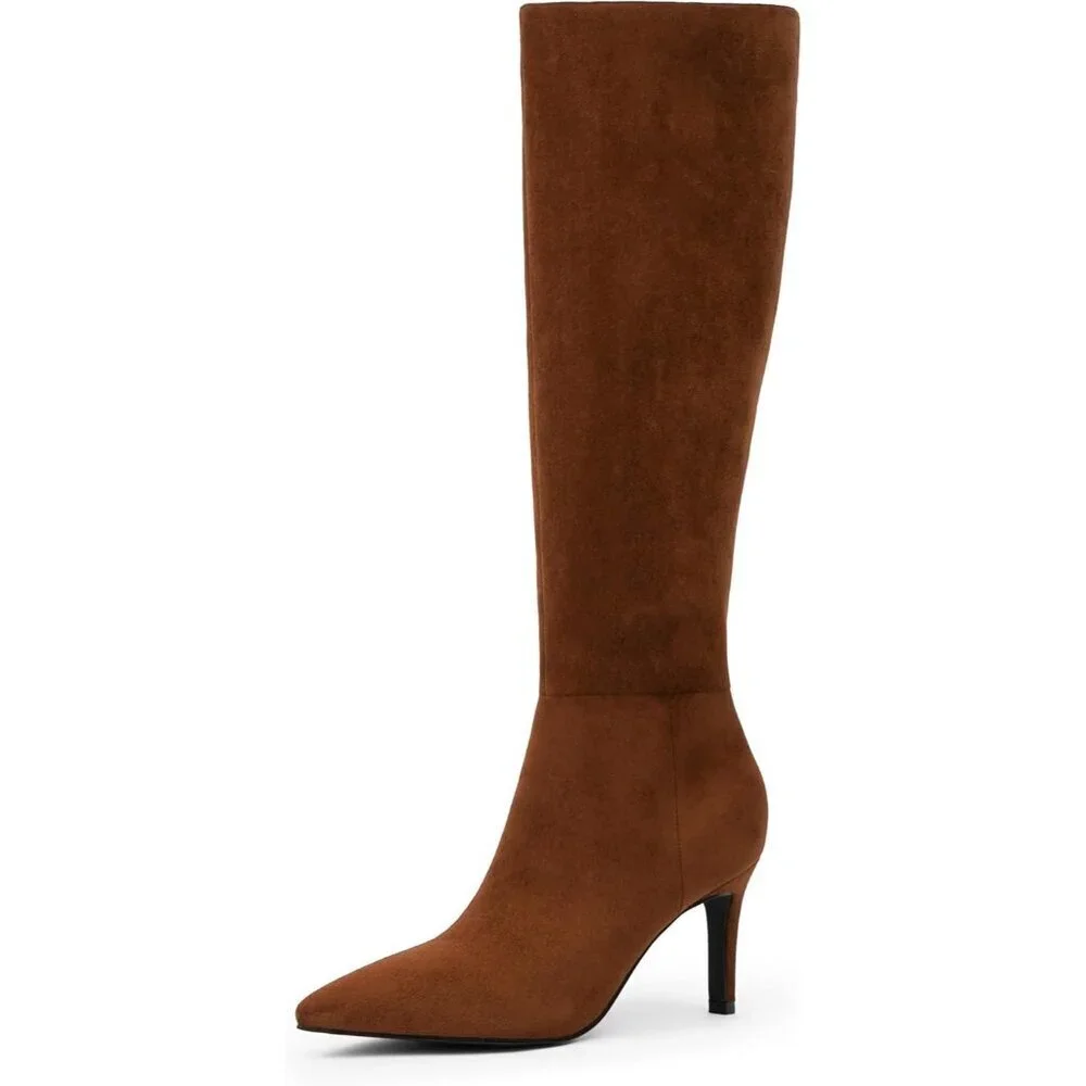 Women Brown Suede Faux Leather Pointed Toe Tall Stiletto High Zipper Dress Boot
